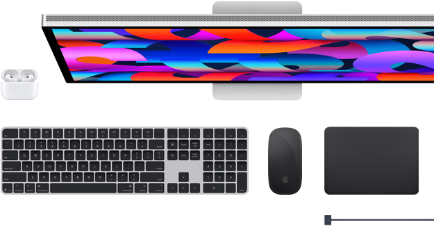 Acessórios para Mac: AirPods, Studio Display, Magic Keyboard, Magic Mouse, Magic Trackpad, Cabo de carregamento MagSafe em preto sideral