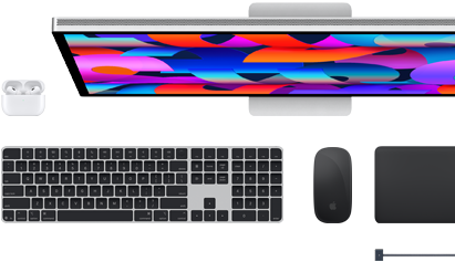 Acessórios para Mac: AirPods, Studio Display, Magic Keyboard, Magic Mouse, Magic Trackpad, Cabo de carregamento MagSafe em preto sideral