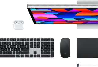 Acessórios para Mac: AirPods, Studio Display, Magic Keyboard, Magic Mouse, Magic Trackpad, Cabo de carregamento MagSafe em preto sideral