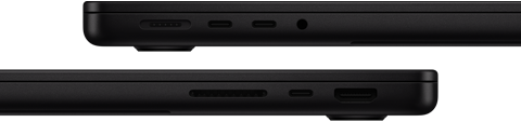 A mostrar as portas no MacBook Pro — lado esquerdo: MagSafe 3, duas portas Thunderbolt e saída para auscultadores — lado direito: ranhura para cartões SDXC, uma porta Thunderbolt e porta HDMI