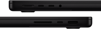 A mostrar as portas no MacBook Pro — lado esquerdo: MagSafe 3, duas portas Thunderbolt e saída para auscultadores — lado direito: ranhura para cartões SDXC, uma porta Thunderbolt e porta HDMI