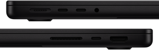A mostrar as portas no MacBook Pro — lado esquerdo: MagSafe 3, duas portas Thunderbolt e saída para auscultadores — lado direito: ranhura para cartões SDXC, uma porta Thunderbolt e porta HDMI