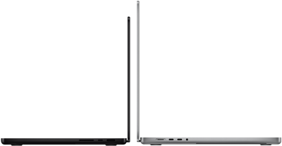 MacBook Pro de 14  e 16 polegadas de costas um para o outro, ilustrando a diferença de tamanho e salientando o perfil estreito