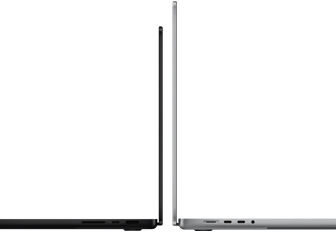 MacBook Pro de 14  e 16 polegadas de costas um para o outro, ilustrando a diferença de tamanho e salientando o perfil estreito