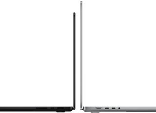 MacBook Pro de 14  e 16 polegadas de costas um para o outro, ilustrando a diferença de tamanho e salientando o perfil estreito