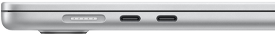 Porta MagSafe no lado esquerdo, em segundo plano. Duas portas Thunderbolt no lado esquerdo, à frente da porta MagSafe