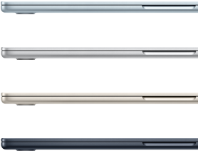 Quatro portáteis MacBook Air nas cores disponíveis: azul‑céu, prateado, luz das estrelas e meia-noite