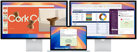 MacBook Air aberto com dois monitores externos a mostrar várias apps no ecrã