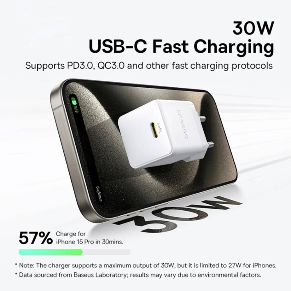 Carregador Baseus Palm Fast Charger USB-C 30W Moon White + Cabo USB-C 60W 1m Moon White