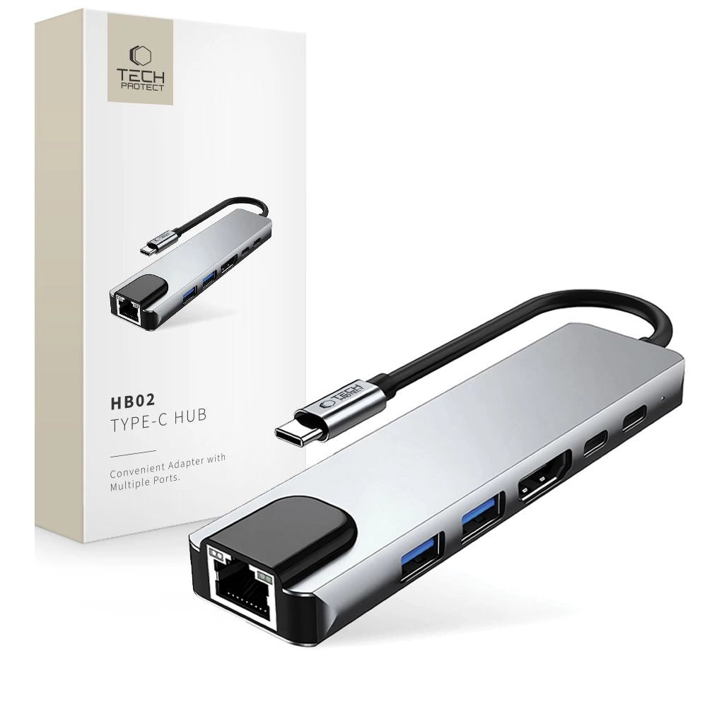 HUB Tech-Protect HB02 6in1 USB-C + USB2.0 + USB3.0 + HDMI 4K 30Hz + RJ45 + PD100W