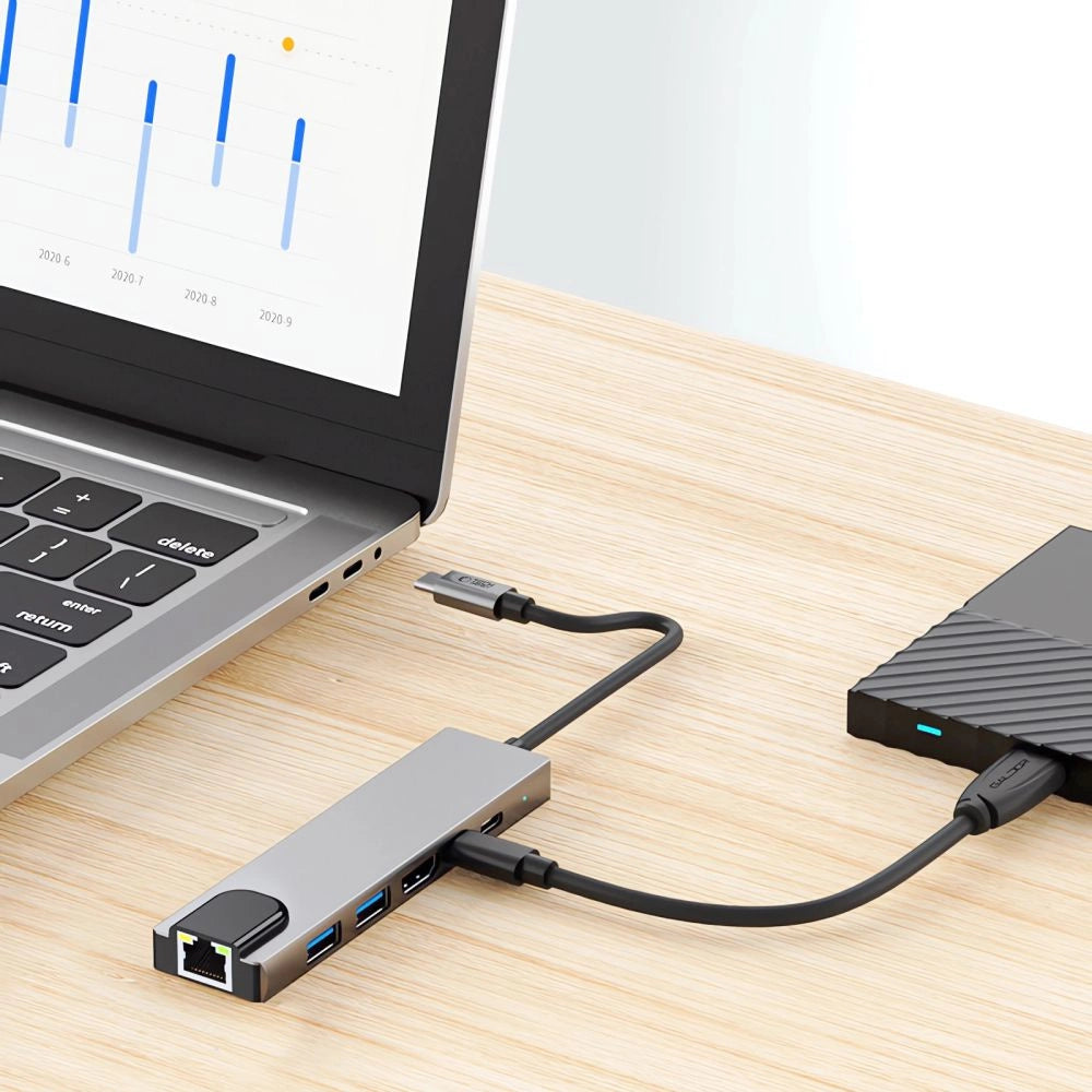 HUB Tech-Protect HB02 6in1 USB-C + USB2.0 + USB3.0 + HDMI 4K 30Hz + RJ45 + PD100W
