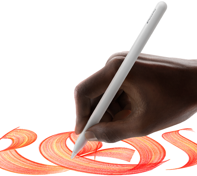 Mão com o Apple Pencil Pro a criar uma escrita arredondada e colorida