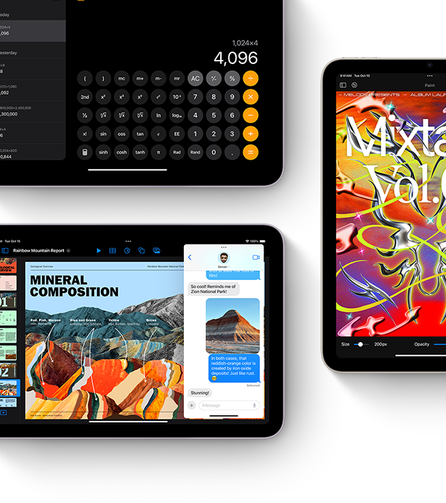 Três ecrãs do iPad mini com funcionalidades do iPadOS e das apps