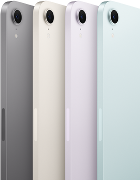 Vista traseira e câmara de quatro modelos iPad mini nas cores disponíveis: cinzento sideral, luz das estrelas, roxo e azul