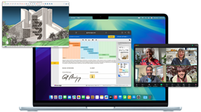 Vários ecrãs a mostrar como é fácil abrir várias apps ao mesmo tempo, incluindo páginas no Safari, uma videochamada no Zoom e um ficheiro no SketchUp, no MacBook Air