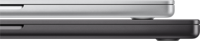 Dois portáteis da Apple sobrepostos, o portátil cinzento em cima é ligeiramente mais pequeno do que o portátil preto em baixo.