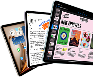 Três ecrãs do iPad Air com funcionalidades do iPadOS e das apps